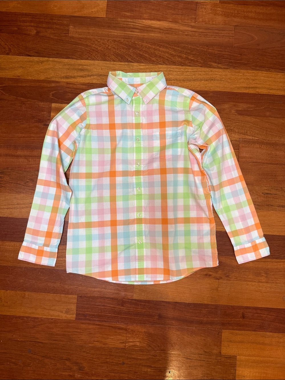 Lands' End Boys' Plaid Button-Down Shirt in Orange, Green & Blue
